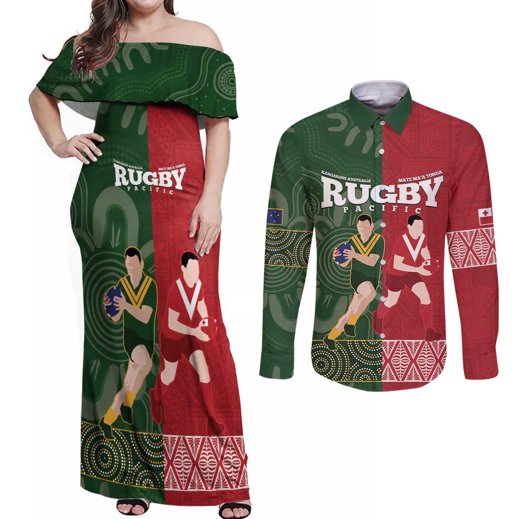 Custom Mate Maa Tonga And Kangaroo Australia Couples Matching Off Shoulder Maxi Dress and Long Sleeve Button Shirt Tongan Kupesi Mix Aboriginal Art LT14 Green - Polynesian Pride