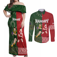 Custom Mate Maa Tonga And Kangaroo Australia Couples Matching Off Shoulder Maxi Dress and Long Sleeve Button Shirt Tongan Kupesi Mix Aboriginal Art LT14 Green - Polynesian Pride