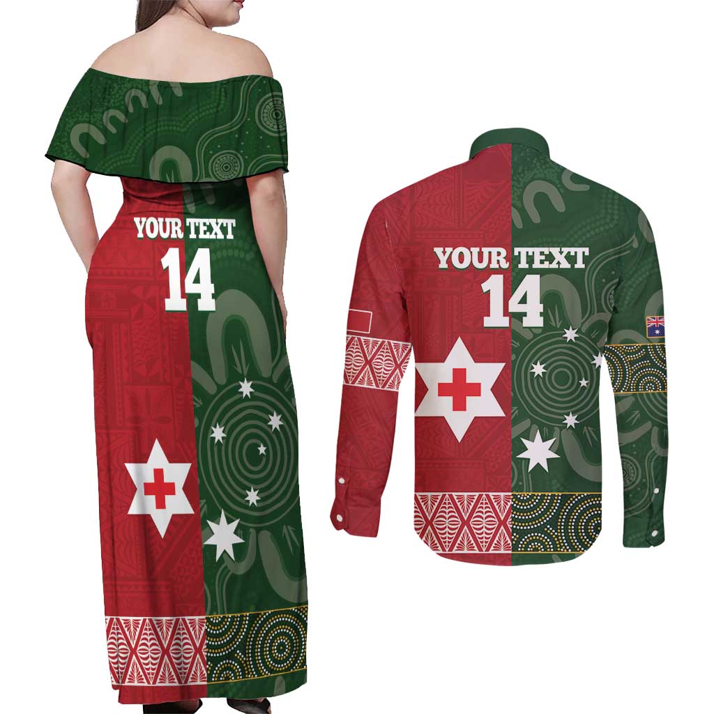 Custom Mate Maa Tonga And Kangaroo Australia Couples Matching Off Shoulder Maxi Dress and Long Sleeve Button Shirt Tongan Kupesi Mix Aboriginal Art LT14 - Polynesian Pride
