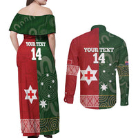 Custom Mate Maa Tonga And Kangaroo Australia Couples Matching Off Shoulder Maxi Dress and Long Sleeve Button Shirt Tongan Kupesi Mix Aboriginal Art LT14 - Polynesian Pride