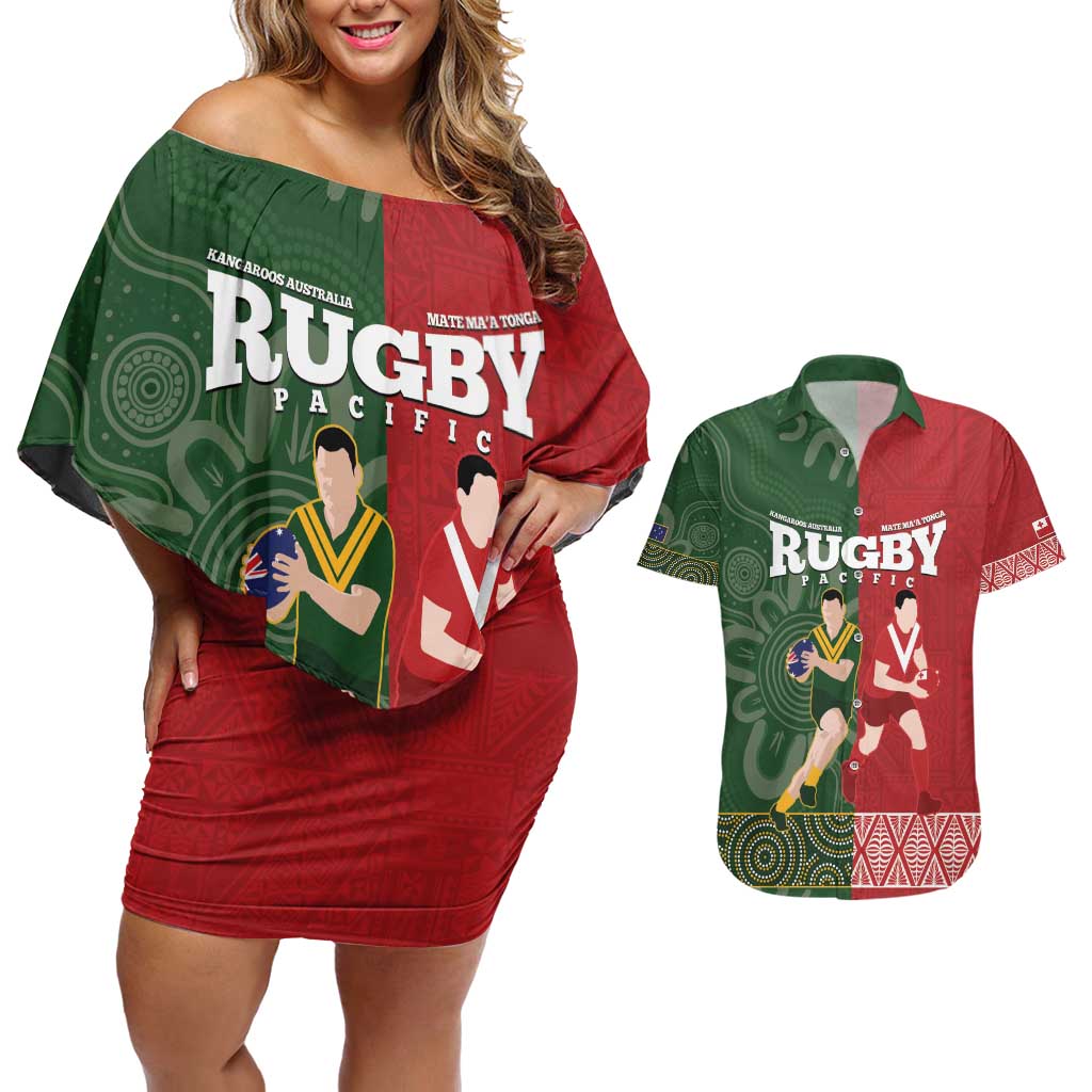 Custom Mate Maa Tonga And Kangaroo Australia Couples Matching Off Shoulder Short Dress and Hawaiian Shirt Tongan Kupesi Mix Aboriginal Art LT14 Green - Polynesian Pride