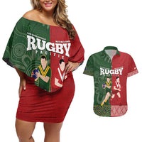 Custom Mate Maa Tonga And Kangaroo Australia Couples Matching Off Shoulder Short Dress and Hawaiian Shirt Tongan Kupesi Mix Aboriginal Art LT14 Green - Polynesian Pride