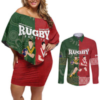 Custom Mate Maa Tonga And Kangaroo Australia Couples Matching Off Shoulder Short Dress and Long Sleeve Button Shirt Tongan Kupesi Mix Aboriginal Art LT14 Green - Polynesian Pride