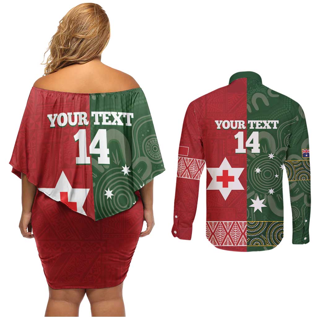 Custom Mate Maa Tonga And Kangaroo Australia Couples Matching Off Shoulder Short Dress and Long Sleeve Button Shirt Tongan Kupesi Mix Aboriginal Art LT14 - Polynesian Pride
