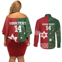 Custom Mate Maa Tonga And Kangaroo Australia Couples Matching Off Shoulder Short Dress and Long Sleeve Button Shirt Tongan Kupesi Mix Aboriginal Art LT14 - Polynesian Pride