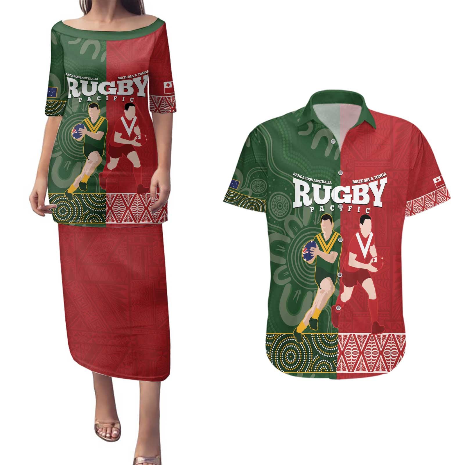 Custom Mate Maa Tonga And Kangaroo Australia Couples Matching Puletasi and Hawaiian Shirt Tongan Kupesi Mix Aboriginal Art