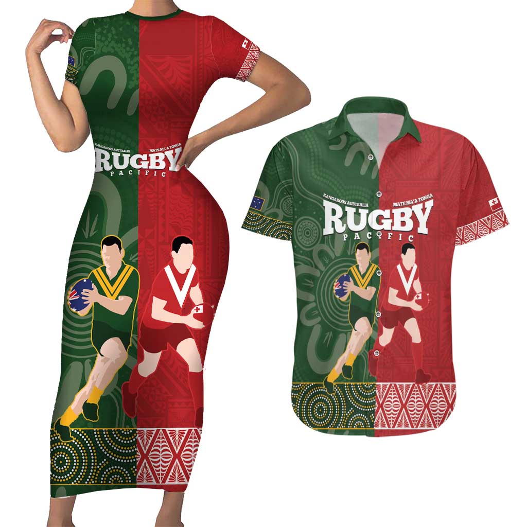 Custom Mate Maa Tonga And Kangaroo Australia Couples Matching Short Sleeve Bodycon Dress and Hawaiian Shirt Tongan Kupesi Mix Aboriginal Art LT14 Green - Polynesian Pride