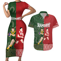 Custom Mate Maa Tonga And Kangaroo Australia Couples Matching Short Sleeve Bodycon Dress and Hawaiian Shirt Tongan Kupesi Mix Aboriginal Art LT14 Green - Polynesian Pride