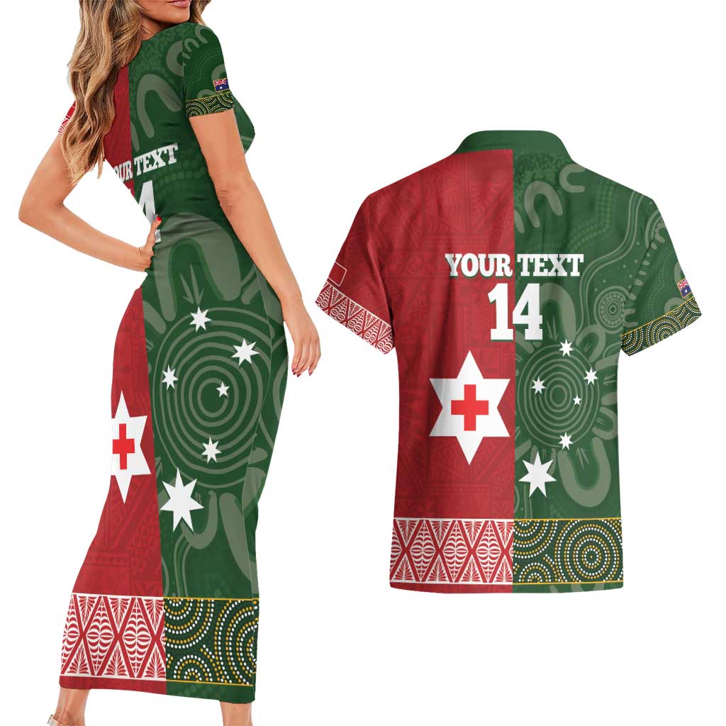 Custom Mate Maa Tonga And Kangaroo Australia Couples Matching Short Sleeve Bodycon Dress and Hawaiian Shirt Tongan Kupesi Mix Aboriginal Art LT14 - Polynesian Pride