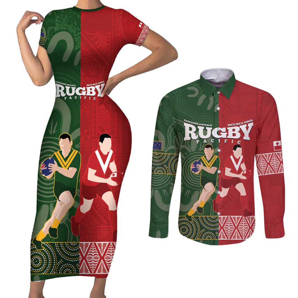 Custom Mate Maa Tonga And Kangaroo Australia Couples Matching Short Sleeve Bodycon Dress and Long Sleeve Button Shirt Tongan Kupesi Mix Aboriginal Art LT14 Green - Polynesian Pride