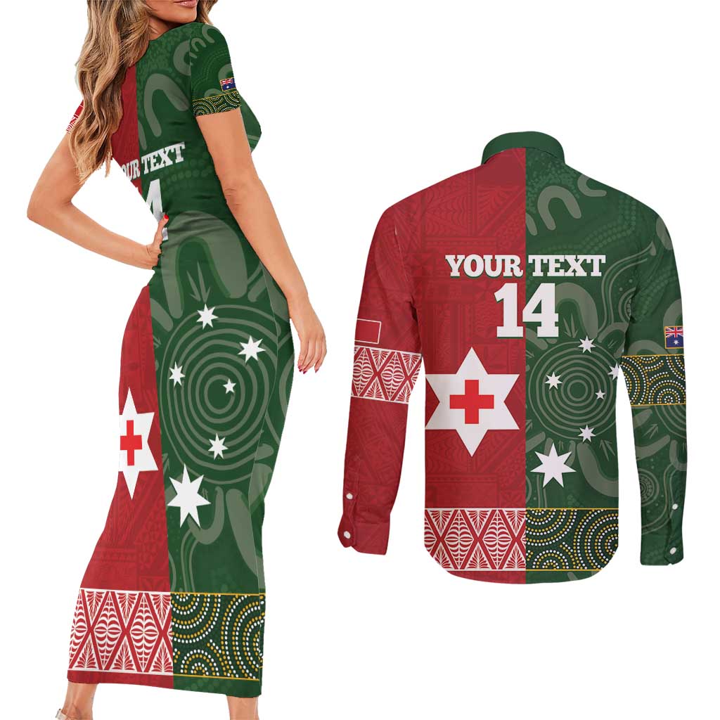 Custom Mate Maa Tonga And Kangaroo Australia Couples Matching Short Sleeve Bodycon Dress and Long Sleeve Button Shirt Tongan Kupesi Mix Aboriginal Art LT14 - Polynesian Pride