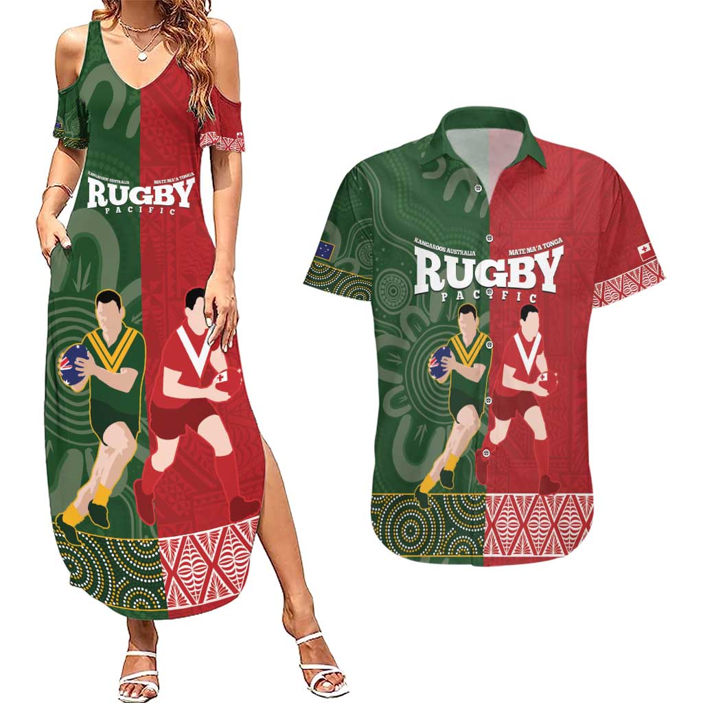 Custom Mate Maa Tonga And Kangaroo Australia Couples Matching Summer Maxi Dress and Hawaiian Shirt Tongan Kupesi Mix Aboriginal Art LT14 Green - Polynesian Pride