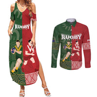 Custom Mate Maa Tonga And Kangaroo Australia Couples Matching Summer Maxi Dress and Long Sleeve Button Shirt Tongan Kupesi Mix Aboriginal Art LT14 Green - Polynesian Pride