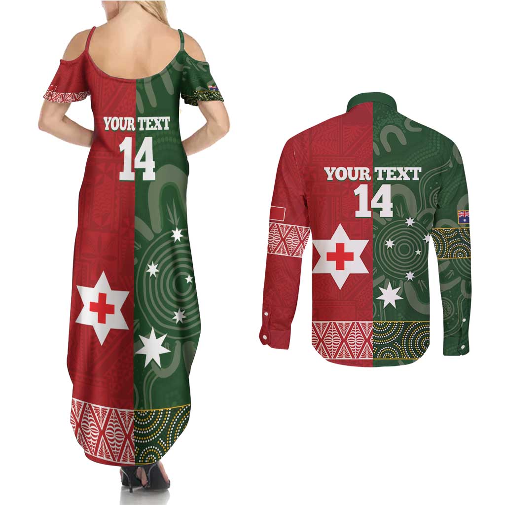 Custom Mate Maa Tonga And Kangaroo Australia Couples Matching Summer Maxi Dress and Long Sleeve Button Shirt Tongan Kupesi Mix Aboriginal Art LT14 - Polynesian Pride