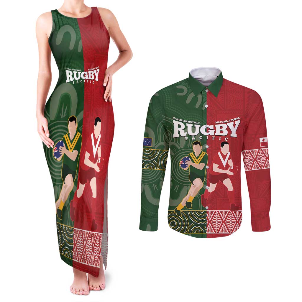 Custom Mate Maa Tonga And Kangaroo Australia Couples Matching Tank Maxi Dress and Long Sleeve Button Shirt Tongan Kupesi Mix Aboriginal Art LT14 Green - Polynesian Pride