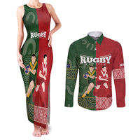Custom Mate Maa Tonga And Kangaroo Australia Couples Matching Tank Maxi Dress and Long Sleeve Button Shirt Tongan Kupesi Mix Aboriginal Art LT14 Green - Polynesian Pride