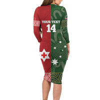Custom Mate Maa Tonga And Kangaroo Australia Family Matching Long Sleeve Bodycon Dress and Hawaiian Shirt Tongan Kupesi Mix Aboriginal Art LT14 - Polynesian Pride