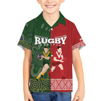 Custom Mate Maa Tonga And Kangaroo Australia Family Matching Long Sleeve Bodycon Dress and Hawaiian Shirt Tongan Kupesi Mix Aboriginal Art LT14 Son's Shirt Green - Polynesian Pride