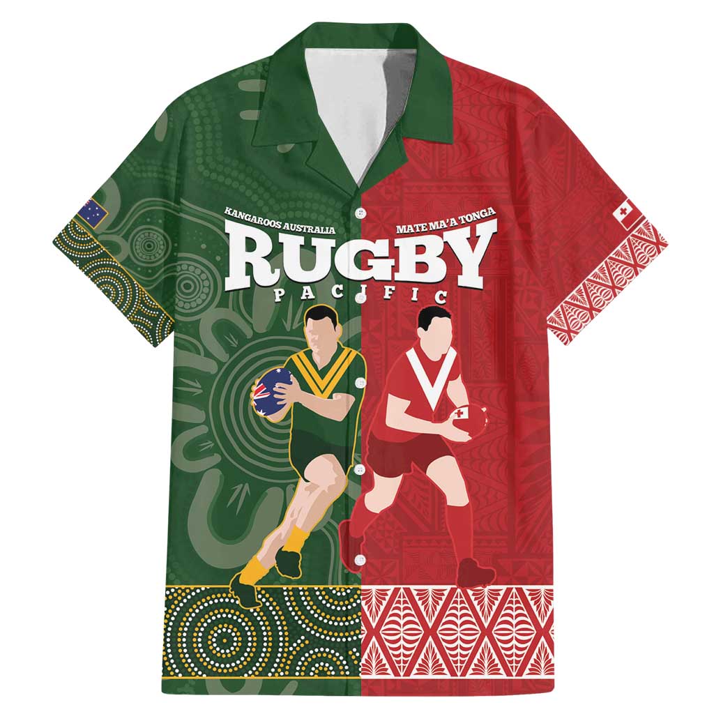 Custom Mate Maa Tonga And Kangaroo Australia Family Matching Mermaid Dress and Hawaiian Shirt Tongan Kupesi Mix Aboriginal Art LT14 Dad's Shirt - Short Sleeve Green - Polynesian Pride