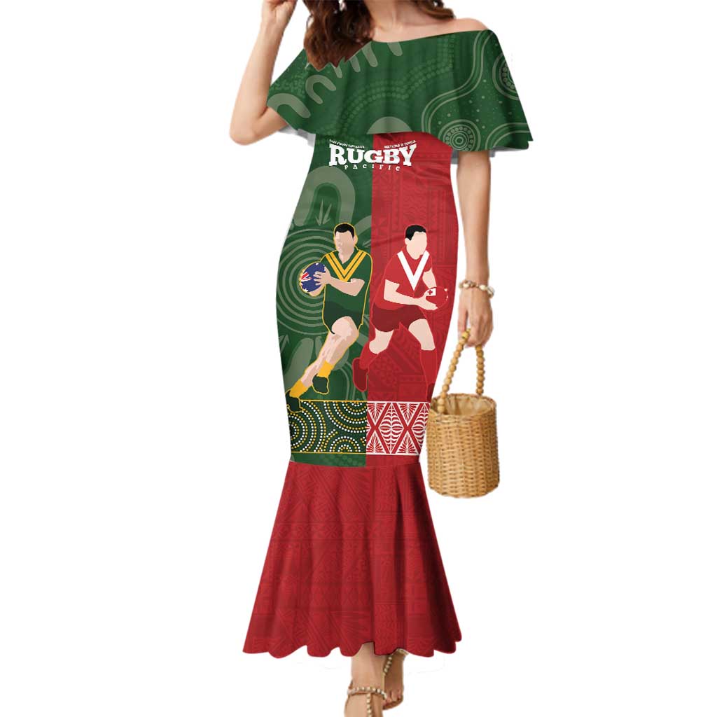 Custom Mate Maa Tonga And Kangaroo Australia Family Matching Mermaid Dress and Hawaiian Shirt Tongan Kupesi Mix Aboriginal Art LT14 Mom's Dress Green - Polynesian Pride