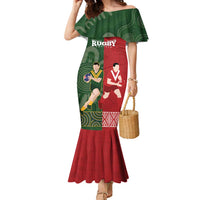 Custom Mate Maa Tonga And Kangaroo Australia Family Matching Mermaid Dress and Hawaiian Shirt Tongan Kupesi Mix Aboriginal Art LT14 Mom's Dress Green - Polynesian Pride