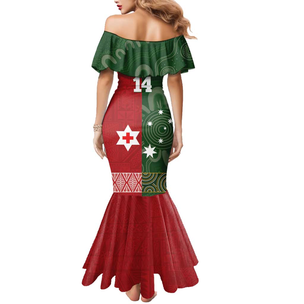 Custom Mate Maa Tonga And Kangaroo Australia Family Matching Mermaid Dress and Hawaiian Shirt Tongan Kupesi Mix Aboriginal Art LT14 - Polynesian Pride