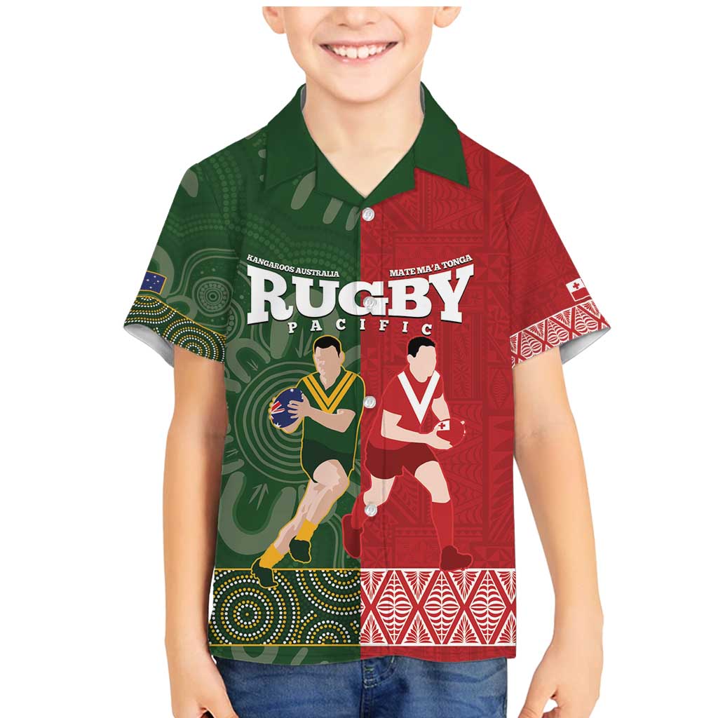 Custom Mate Maa Tonga And Kangaroo Australia Family Matching Mermaid Dress and Hawaiian Shirt Tongan Kupesi Mix Aboriginal Art LT14 Son's Shirt Green - Polynesian Pride
