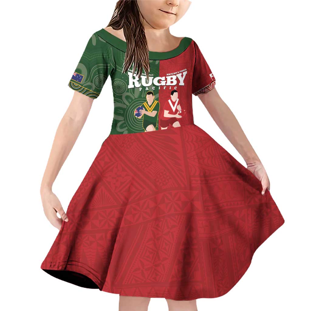 Custom Mate Maa Tonga And Kangaroo Australia Family Matching Off Shoulder Short Dress and Hawaiian Shirt Tongan Kupesi Mix Aboriginal Art LT14 Daughter's Dress Green - Polynesian Pride