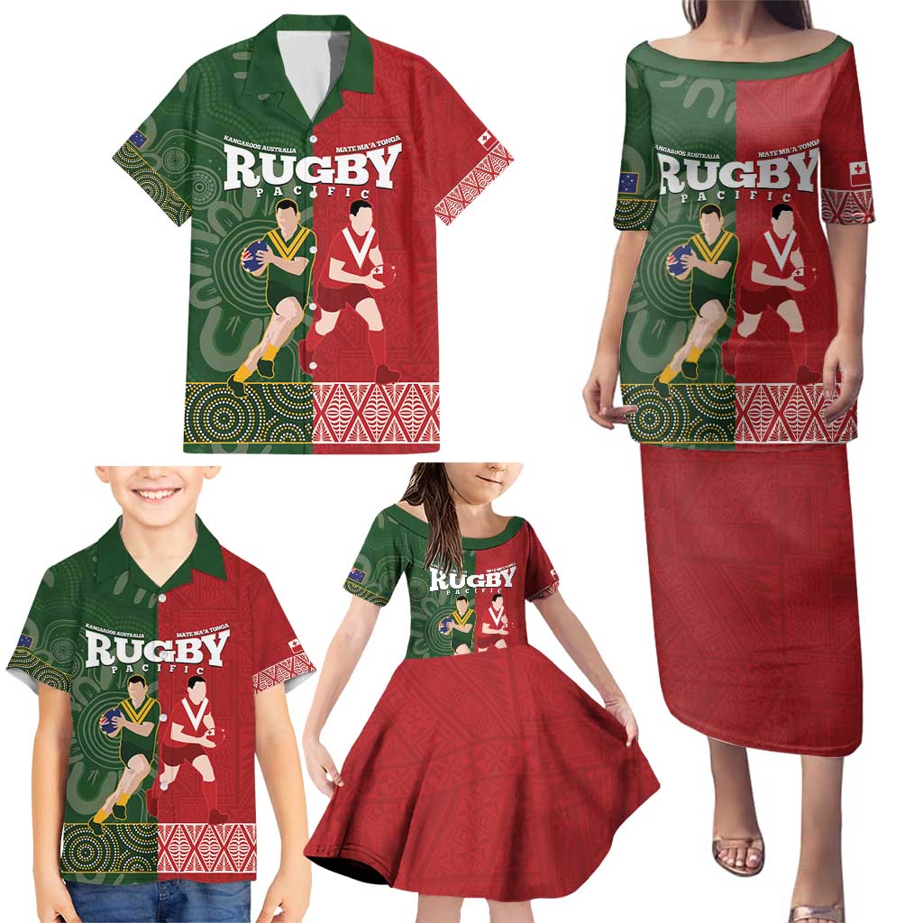 Custom Mate Maa Tonga And Kangaroo Australia Family Matching Puletasi and Hawaiian Shirt Tongan Kupesi Mix Aboriginal Art
