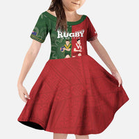 Custom Mate Maa Tonga And Kangaroo Australia Family Matching Short Sleeve Bodycon Dress and Hawaiian Shirt Tongan Kupesi Mix Aboriginal Art LT14 Daughter's Dress Green - Polynesian Pride