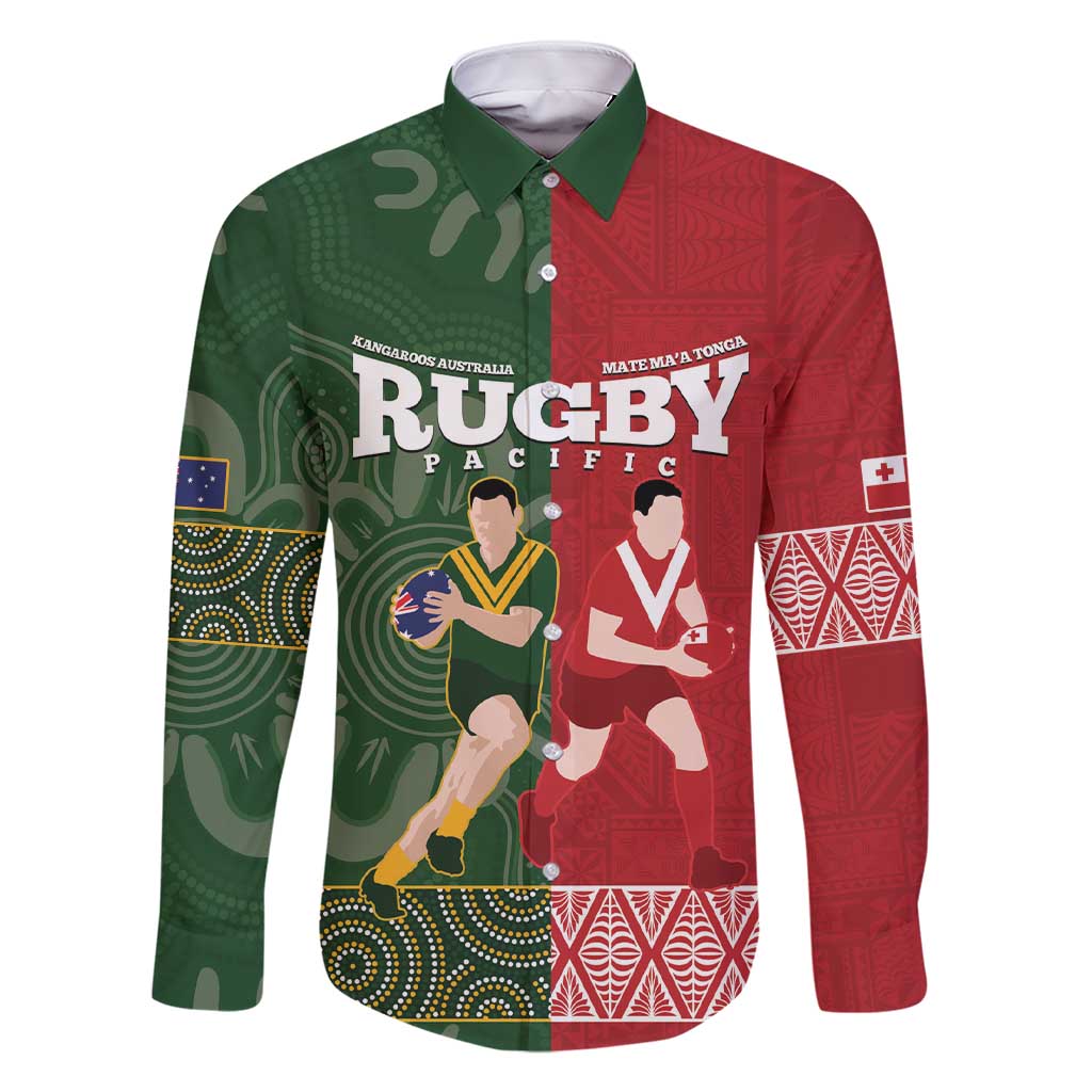 Custom Mate Maa Tonga And Kangaroo Australia Family Matching Short Sleeve Bodycon Dress and Hawaiian Shirt Tongan Kupesi Mix Aboriginal Art LT14 Dad's Shirt - Long Sleeve Green - Polynesian Pride
