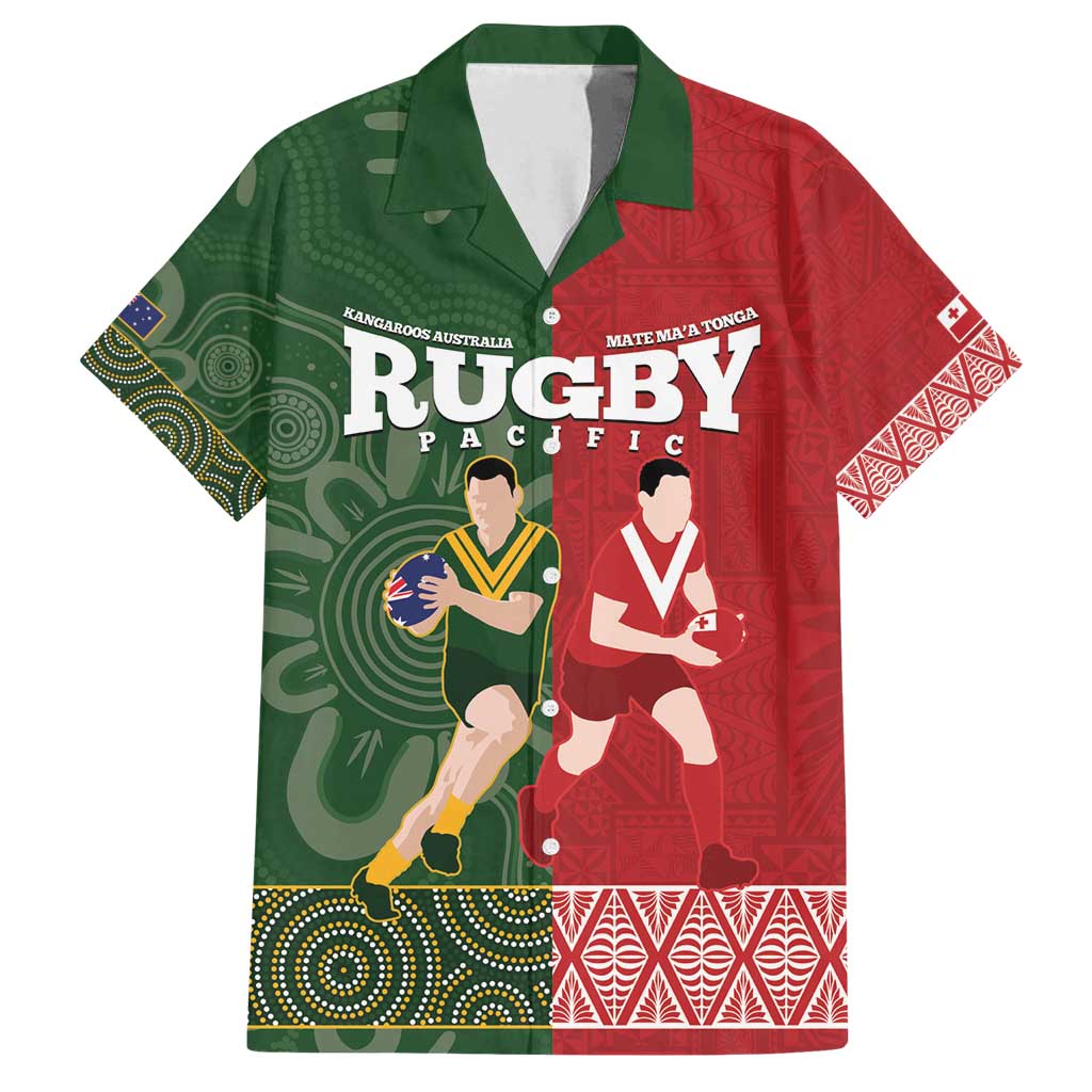 Custom Mate Maa Tonga And Kangaroo Australia Family Matching Summer Maxi Dress and Hawaiian Shirt Tongan Kupesi Mix Aboriginal Art LT14 Dad's Shirt - Short Sleeve Green - Polynesian Pride