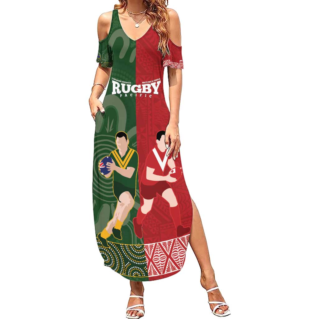 Custom Mate Maa Tonga And Kangaroo Australia Family Matching Summer Maxi Dress and Hawaiian Shirt Tongan Kupesi Mix Aboriginal Art LT14 Mom's Dress Green - Polynesian Pride