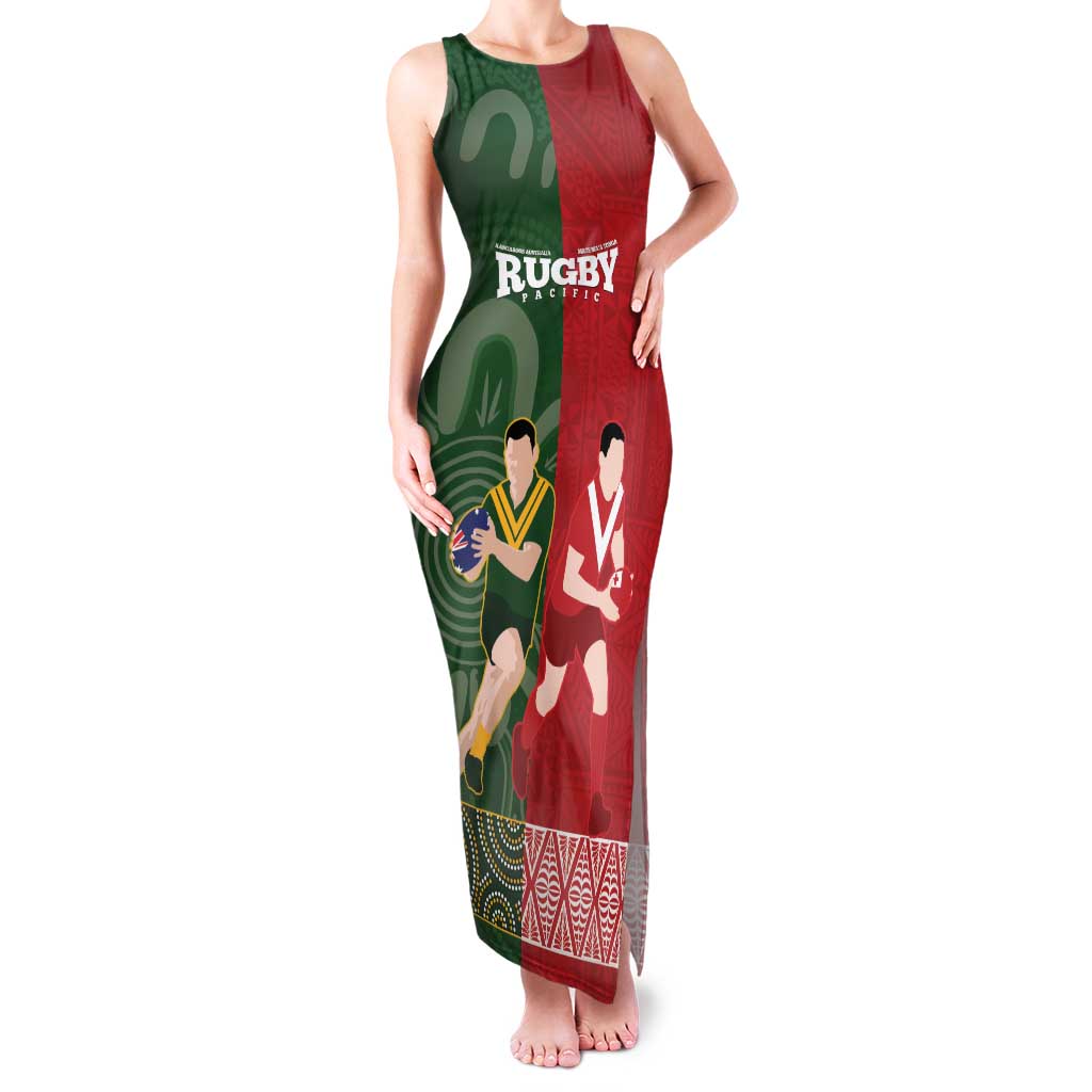 Custom Mate Maa Tonga And Kangaroo Australia Family Matching Tank Maxi Dress and Hawaiian Shirt Tongan Kupesi Mix Aboriginal Art LT14 Mom's Dress Green - Polynesian Pride