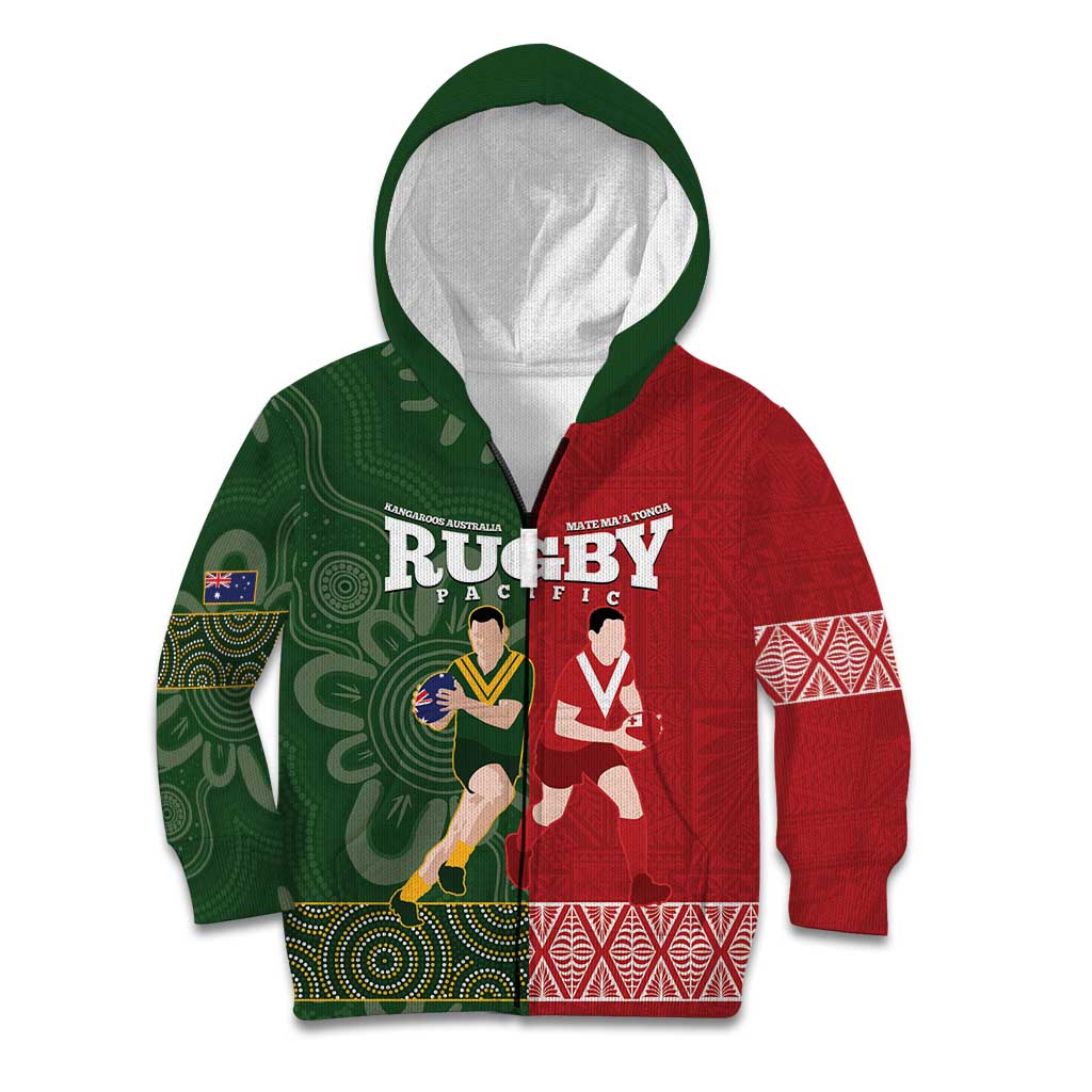 Custom Mate Maa Tonga And Kangaroo Australia Kid Hoodie Tongan Kupesi Mix Aboriginal Art
