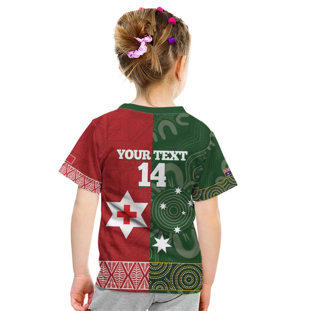 Custom Mate Maa Tonga And Kangaroo Australia Kid T Shirt Tongan Kupesi Mix Aboriginal Art