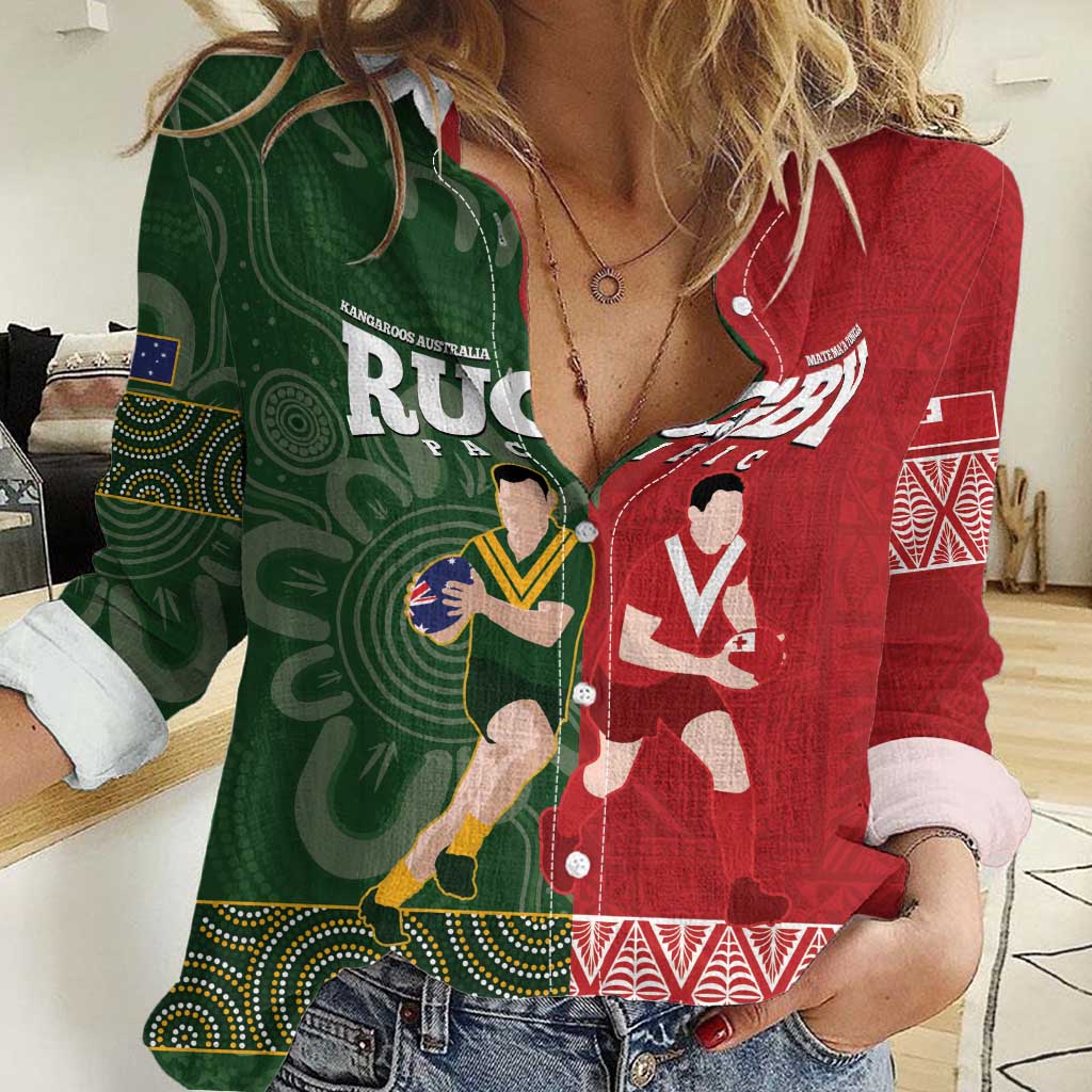 Custom Mate Maa Tonga And Kangaroo Australia Women Casual Shirt Tongan Kupesi Mix Aboriginal Art LT14 Female Green - Polynesian Pride