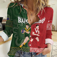Custom Mate Maa Tonga And Kangaroo Australia Women Casual Shirt Tongan Kupesi Mix Aboriginal Art LT14 Female Green - Polynesian Pride