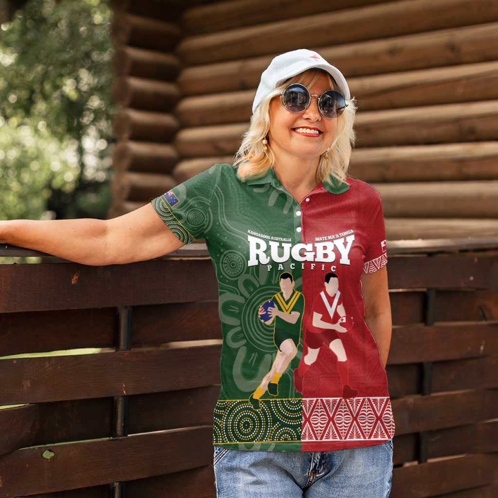 Custom Mate Maa Tonga And Kangaroo Australia Women Polo Shirt Tongan Kupesi Mix Aboriginal Art