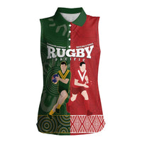 Custom Mate Maa Tonga And Kangaroo Australia Women Sleeveless Polo Shirt Tongan Kupesi Mix Aboriginal Art LT14 Female Green - Polynesian Pride