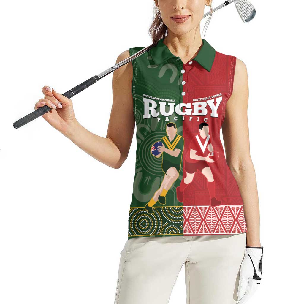 Custom Mate Maa Tonga And Kangaroo Australia Women Sleeveless Polo Shirt Tongan Kupesi Mix Aboriginal Art LT14 - Polynesian Pride