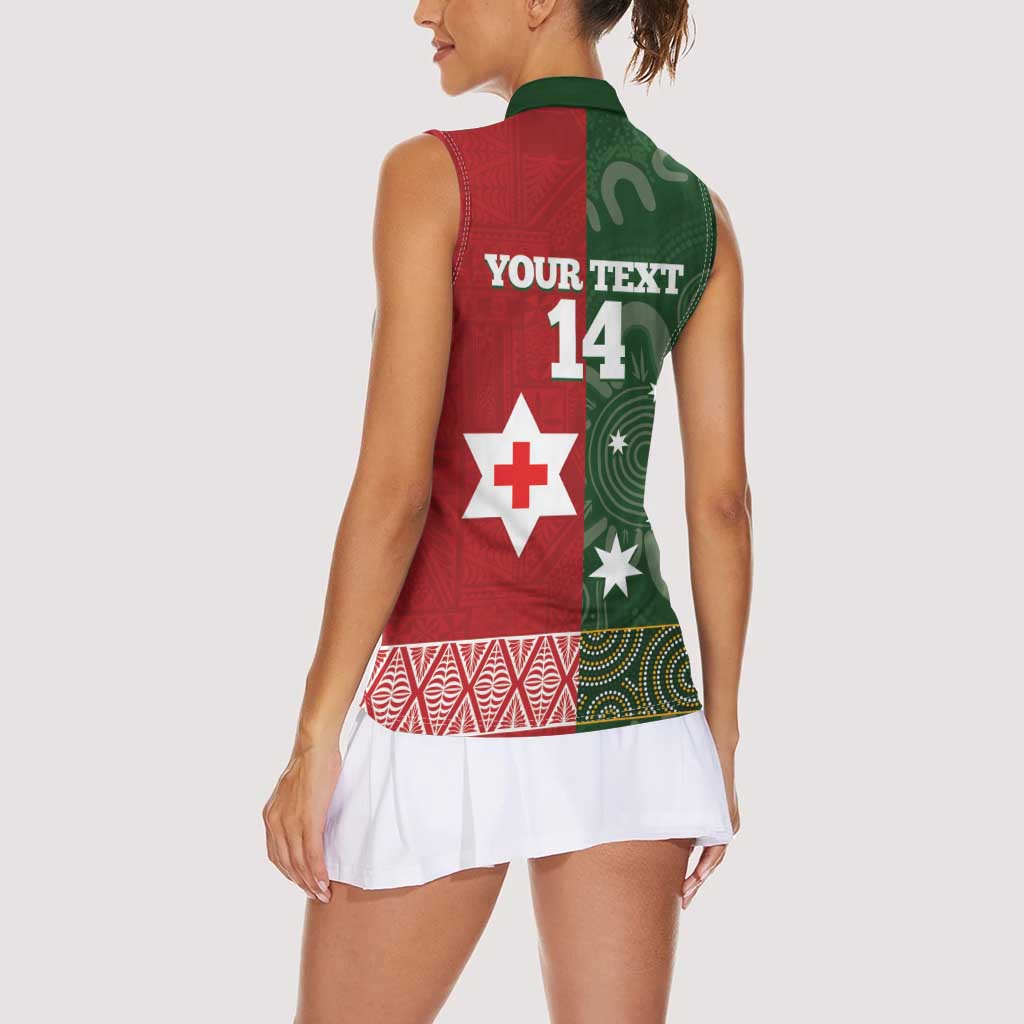 Custom Mate Maa Tonga And Kangaroo Australia Women Sleeveless Polo Shirt Tongan Kupesi Mix Aboriginal Art LT14 - Polynesian Pride