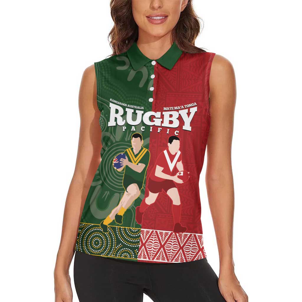Custom Mate Maa Tonga And Kangaroo Australia Women Sleeveless Polo Shirt Tongan Kupesi Mix Aboriginal Art LT14 - Polynesian Pride