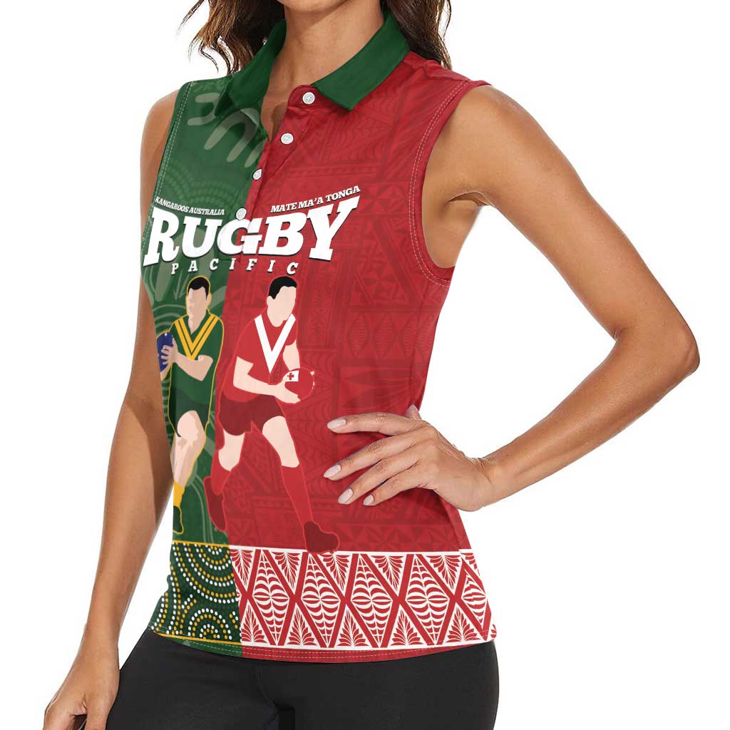 Custom Mate Maa Tonga And Kangaroo Australia Women Sleeveless Polo Shirt Tongan Kupesi Mix Aboriginal Art LT14 - Polynesian Pride