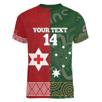 Custom Mate Maa Tonga And Kangaroo Australia Women V-Neck T-Shirt Tongan Kupesi Mix Aboriginal Art LT14 - Polynesian Pride