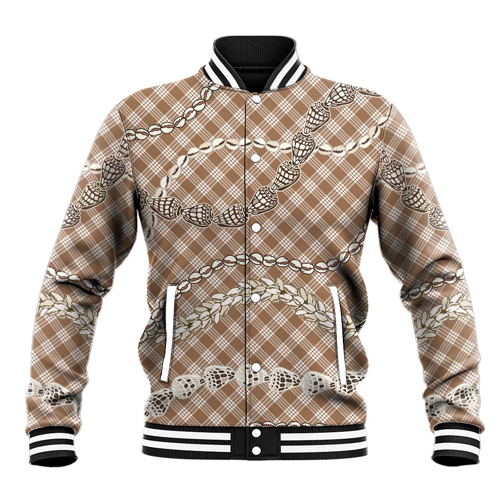 Brown Aloha Hawaii Shell Lei Baseball Jacket Palaka Hebrew Cone Honey Cowrie Elegant Curves - Polynesian Pride