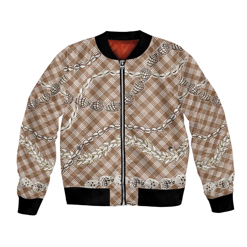 Brown Aloha Hawaii Shell Lei Bomber Jacket Palaka Hebrew Cone Honey Cowrie Elegant Curves - Polynesian Pride