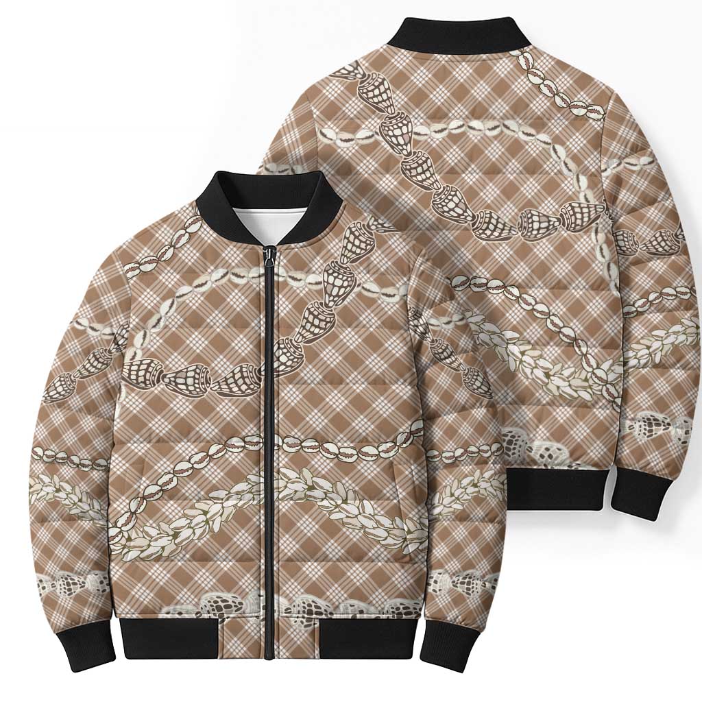 Brown Aloha Hawaii Shell Lei Bomber Puffer Jacket Palaka Hebrew Cone Honey Cowrie Elegant Curves - Polynesian Pride