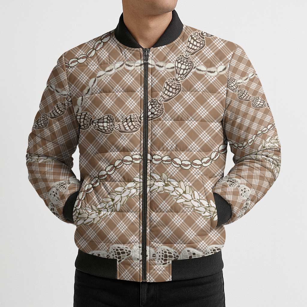 Brown Aloha Hawaii Shell Lei Bomber Puffer Jacket Palaka Hebrew Cone Honey Cowrie Elegant Curves - Polynesian Pride