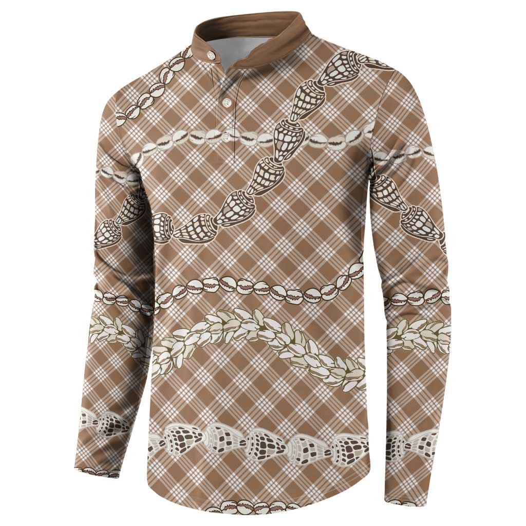 Brown Aloha Hawaii Shell Lei Button Sweatshirt Palaka Hebrew Cone Honey Cowrie Elegant Curves - Polynesian Pride